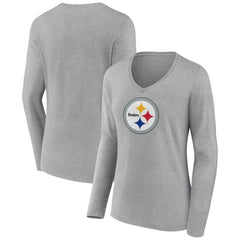 Pittsburgh Steelers Women's Primary Team Logo Long Sleeve V-Neck T-Shirt - Heather Gray - NFL