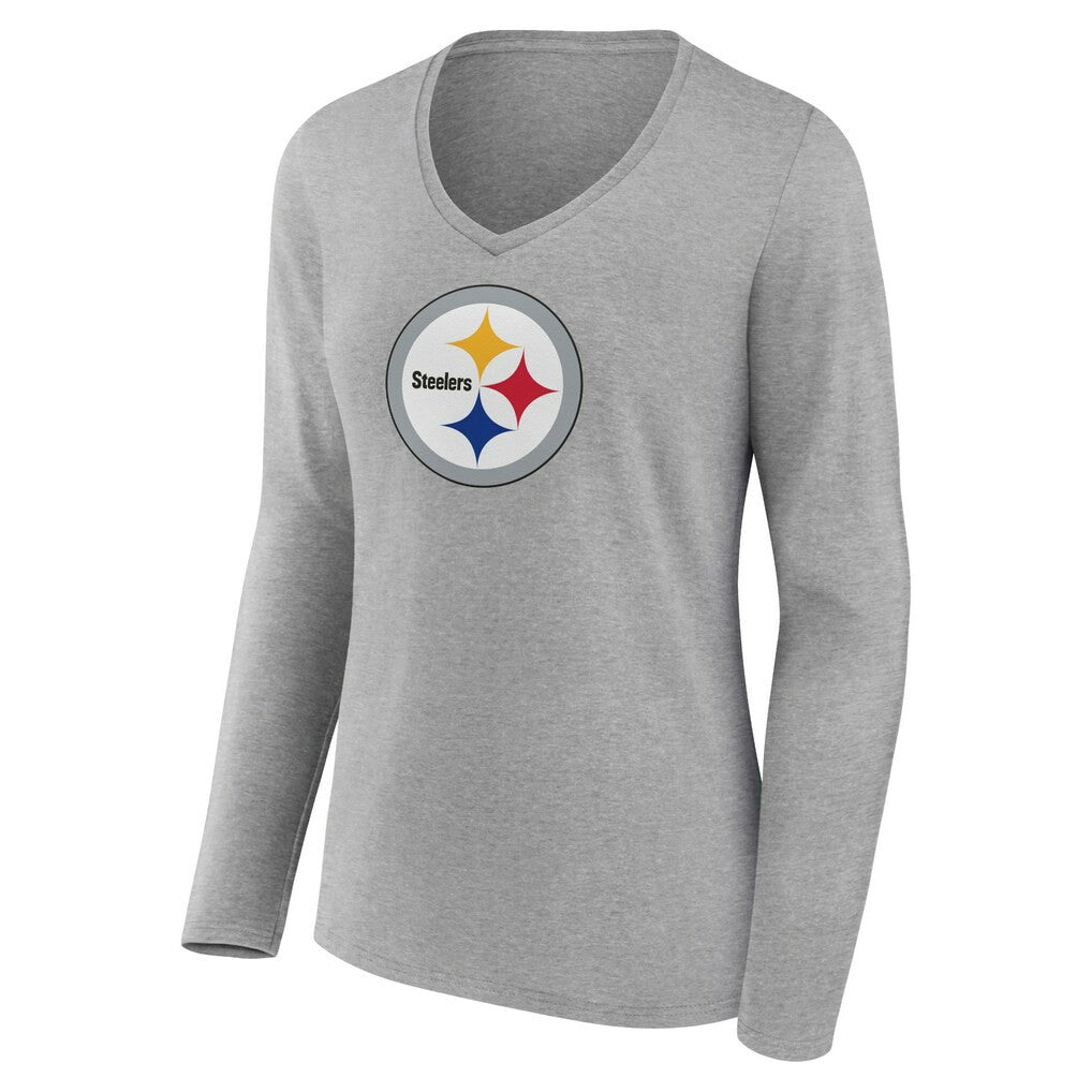 Pittsburgh Steelers Women's Primary Team Logo Long Sleeve V-Neck T-Shirt - Heather Gray - NFL