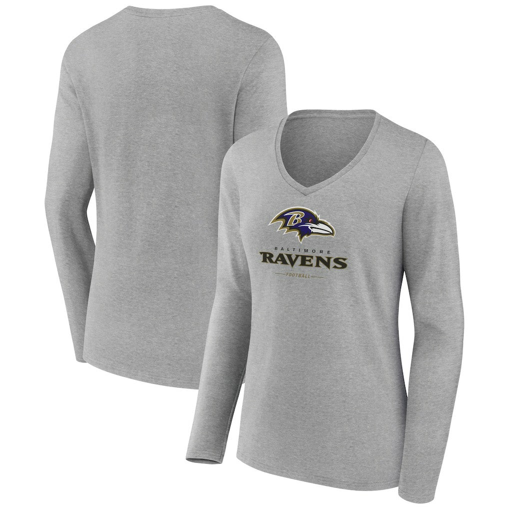 Baltimore Ravens Women's Logo Team Lockup Long Sleeve V-Neck T-Shirt - Heather Gray - NFL