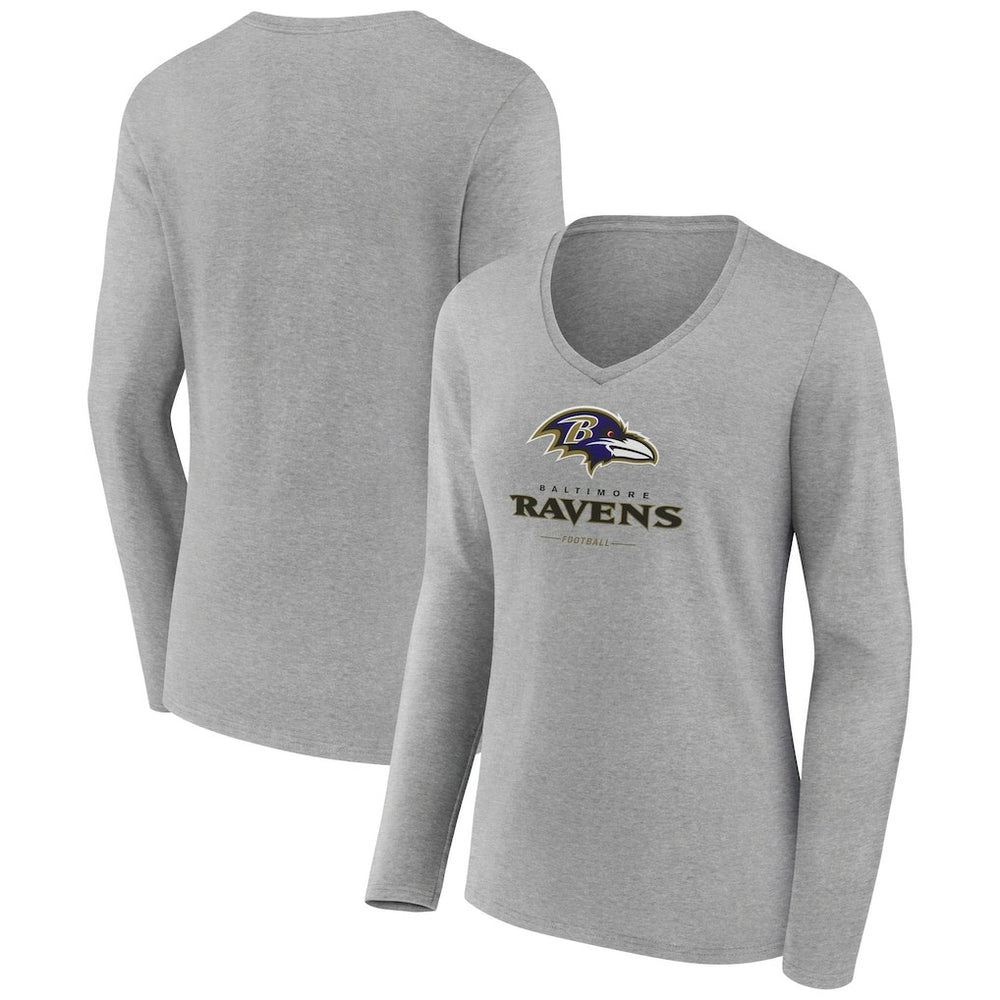 Baltimore Ravens Women's Logo Team Lockup Long Sleeve V-Neck T-Shirt - Heather Gray - NFL