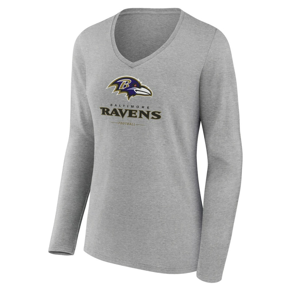 Baltimore Ravens Women's Logo Team Lockup Long Sleeve V-Neck T-Shirt - Heather Gray - NFL