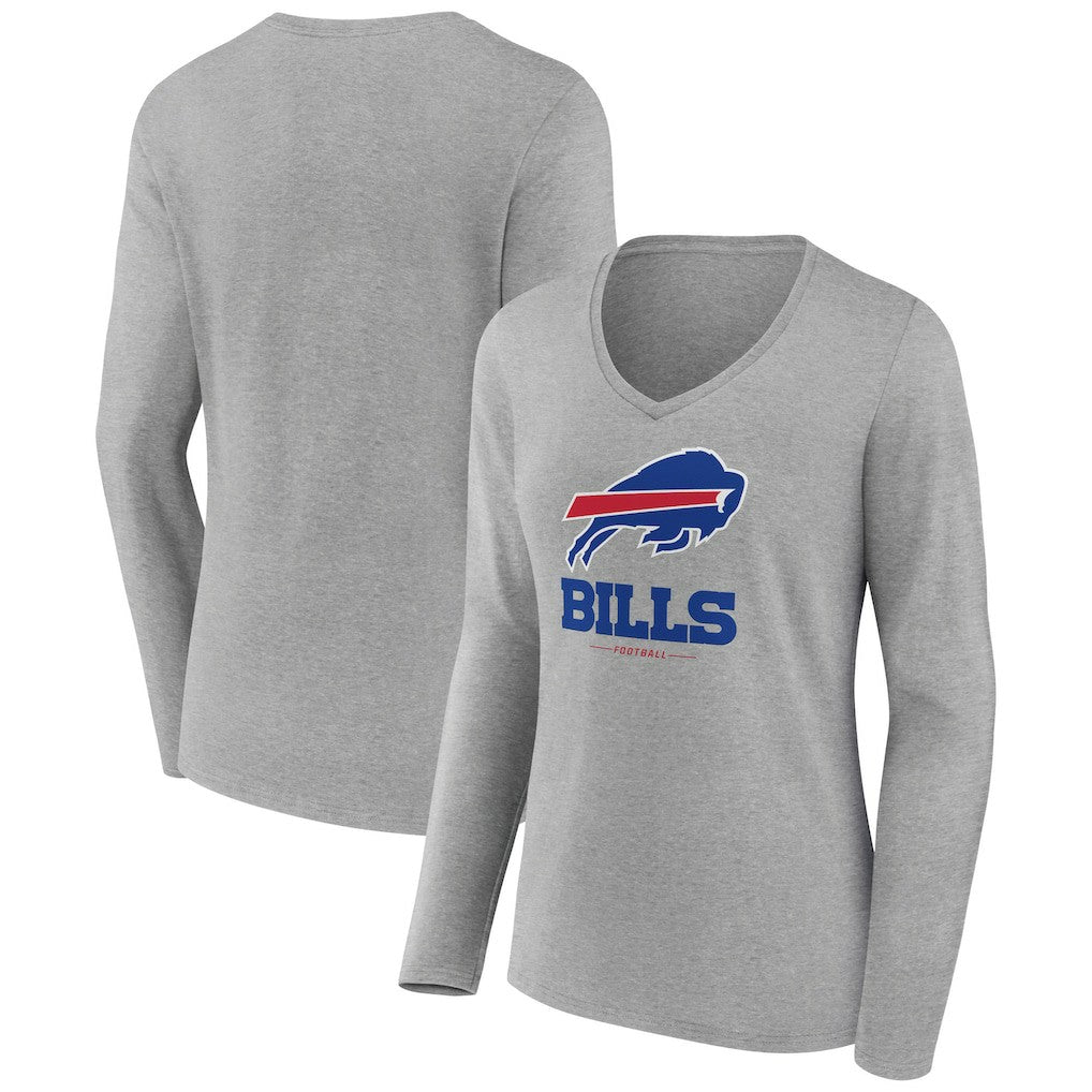 Buffalo Bills Women's Logo Team Lockup Long Sleeve V-Neck T-Shirt - Heather Gray - NFL