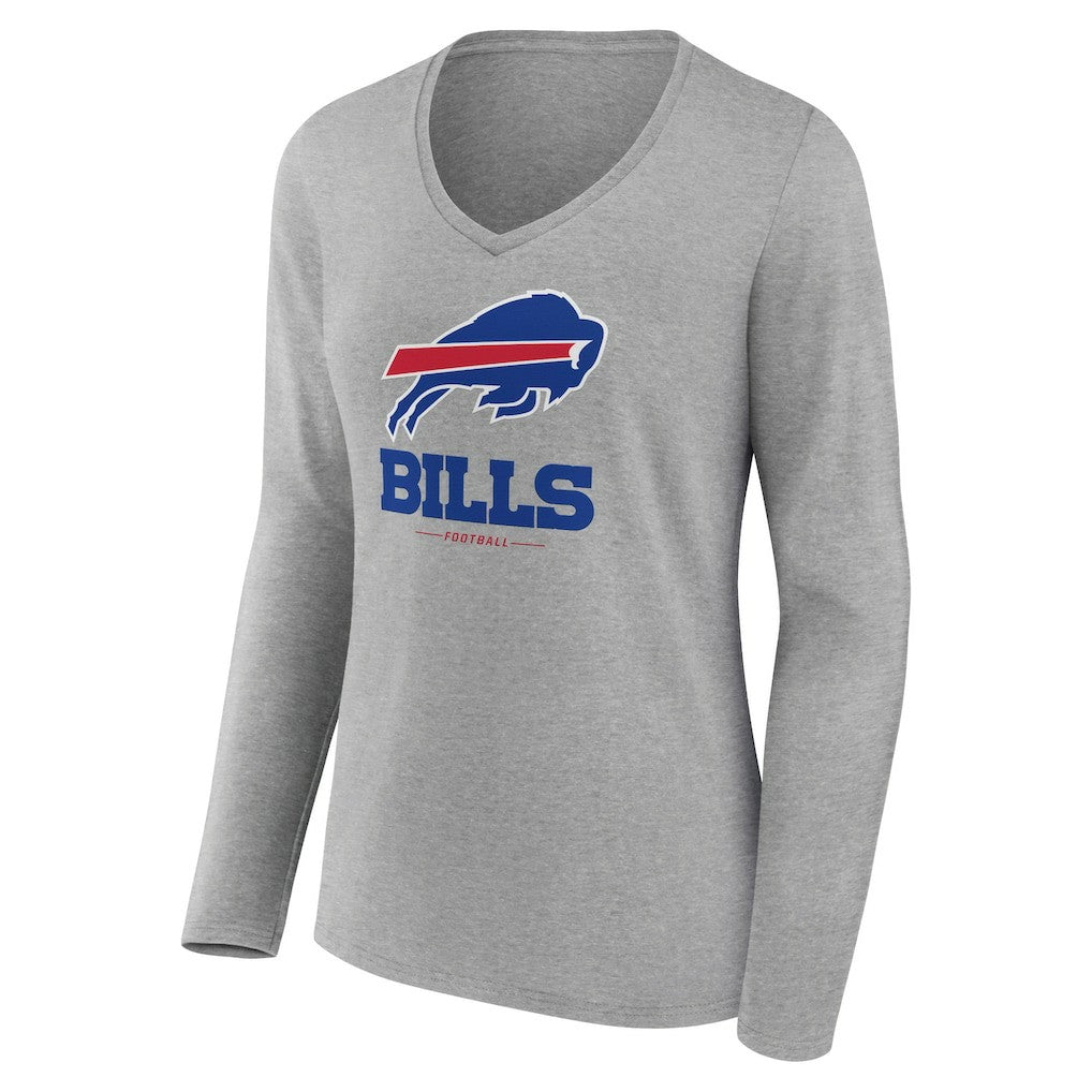 Buffalo Bills Women's Logo Team Lockup Long Sleeve V-Neck T-Shirt - Heather Gray - NFL