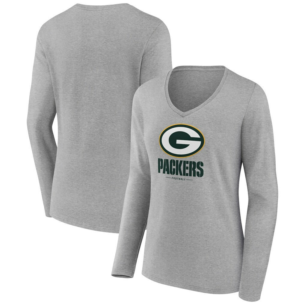 Green Bay Packers Women's Logo Team Lockup Long Sleeve V-Neck T-Shirt - Heather Gray - NFL