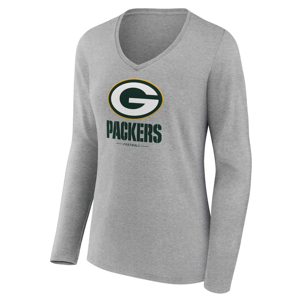 Green Bay Packers Women's Logo Team Lockup Long Sleeve V-Neck T-Shirt - Heather Gray - NFL