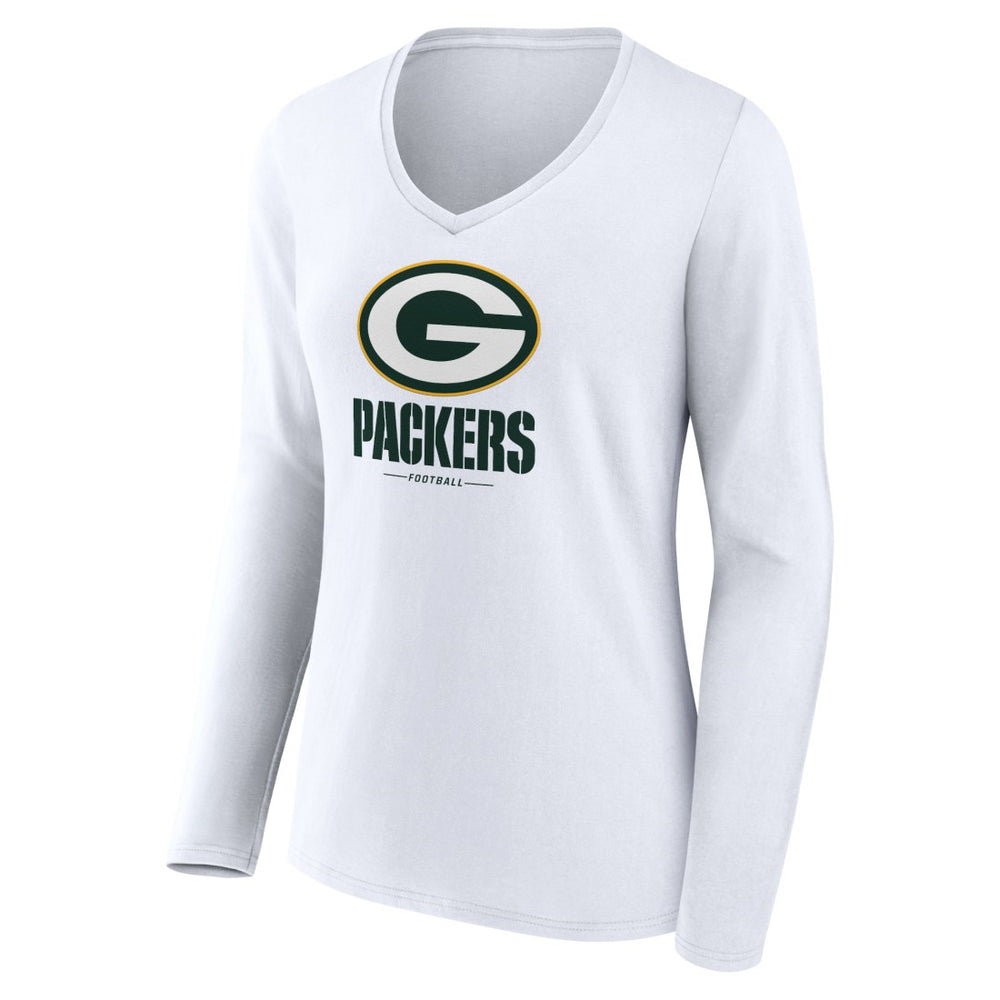 Green Bay Packers Women's Logo Team Lockup Long Sleeve V-Neck T-Shirt - White - NFL