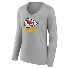 Kansas City Chiefs Women's Logo Team Lockup Long Sleeve V-Neck T-Shirt - Heather Gray - NFL