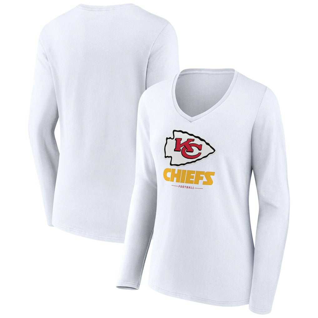 Kansas City Chiefs Women's Logo Team Lockup Long Sleeve V-Neck T-Shirt - White - NFL