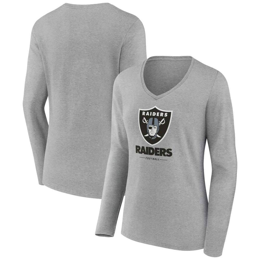 Las Vegas Raiders Women's Logo Team Lockup Long Sleeve V-Neck T-Shirt - Heather Gray - NFL