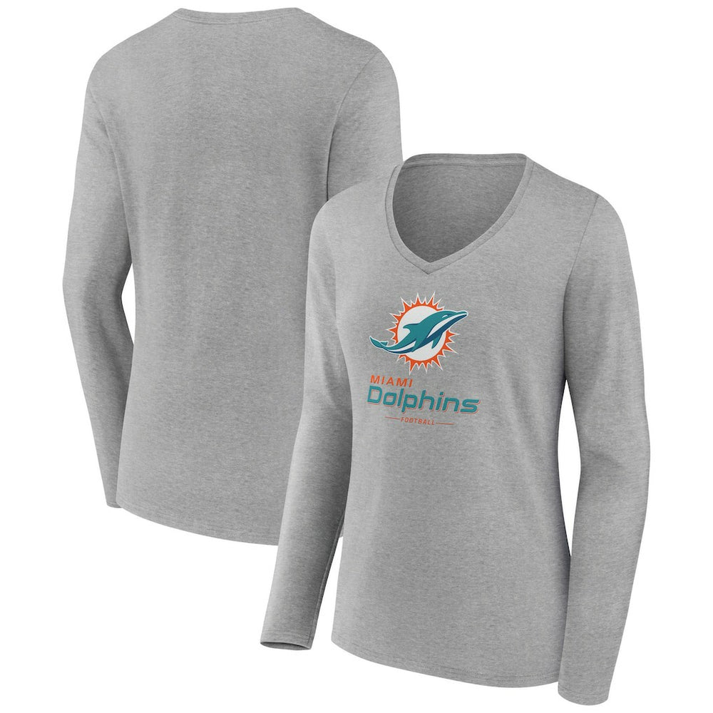 Miami Dolphins Women's Logo Team Lockup Long Sleeve V-Neck T-Shirt - Heather Gray - NFL