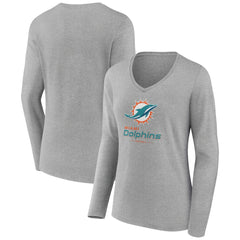 Miami Dolphins Women's Logo Team Lockup Long Sleeve V-Neck T-Shirt - Heather Gray - NFL