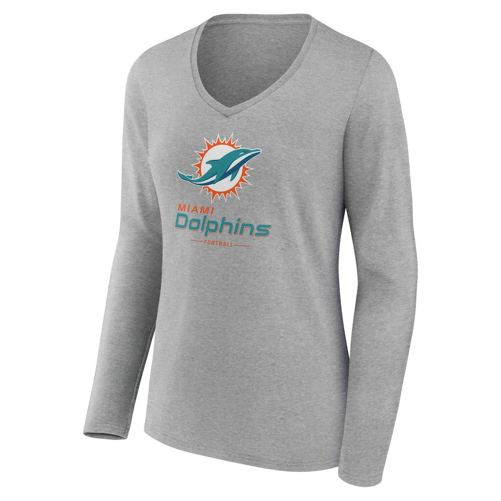Miami Dolphins Women's Logo Team Lockup Long Sleeve V-Neck T-Shirt - Heather Gray - NFL