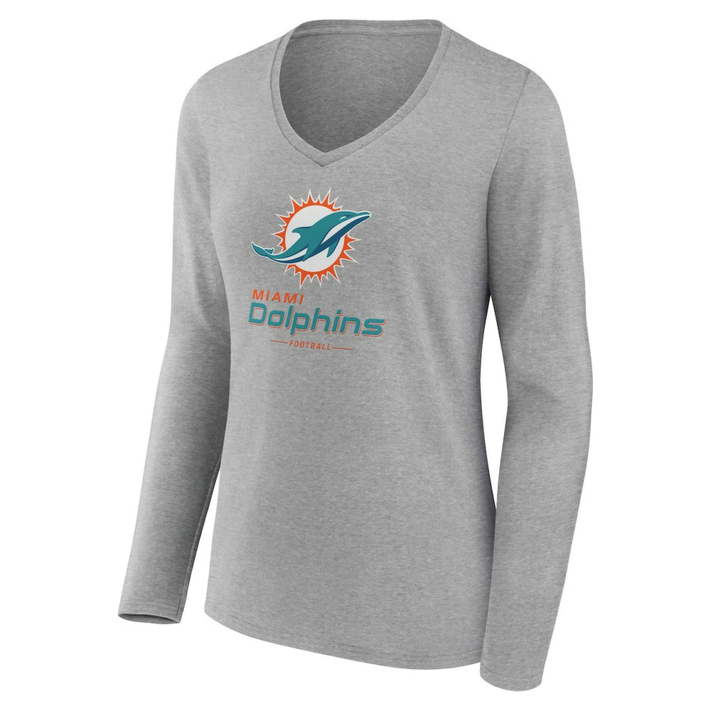 Miami Dolphins Women's Logo Team Lockup Long Sleeve V-Neck T-Shirt - Heather Gray - NFL