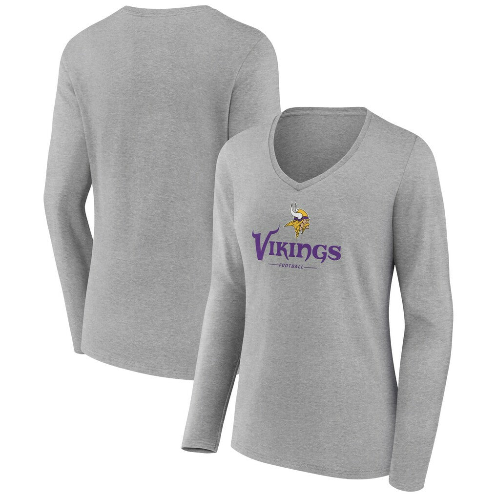 Minnesota Vikings Women's Logo Team Lockup Long Sleeve V-Neck T-Shirt - Heather Gray - NFL