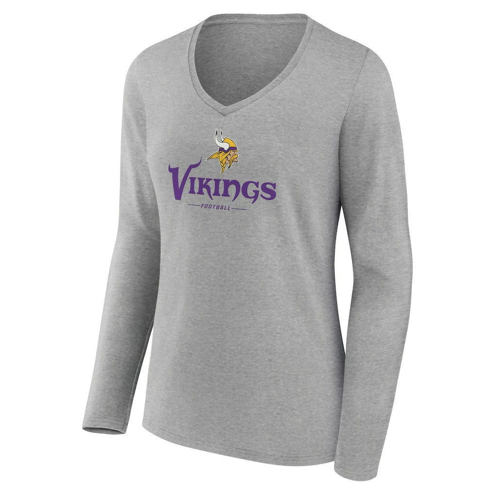 Minnesota Vikings Women's Logo Team Lockup Long Sleeve V-Neck T-Shirt - Heather Gray - NFL