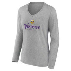 Minnesota Vikings Women's Logo Team Lockup Long Sleeve V-Neck T-Shirt - Heather Gray - NFL