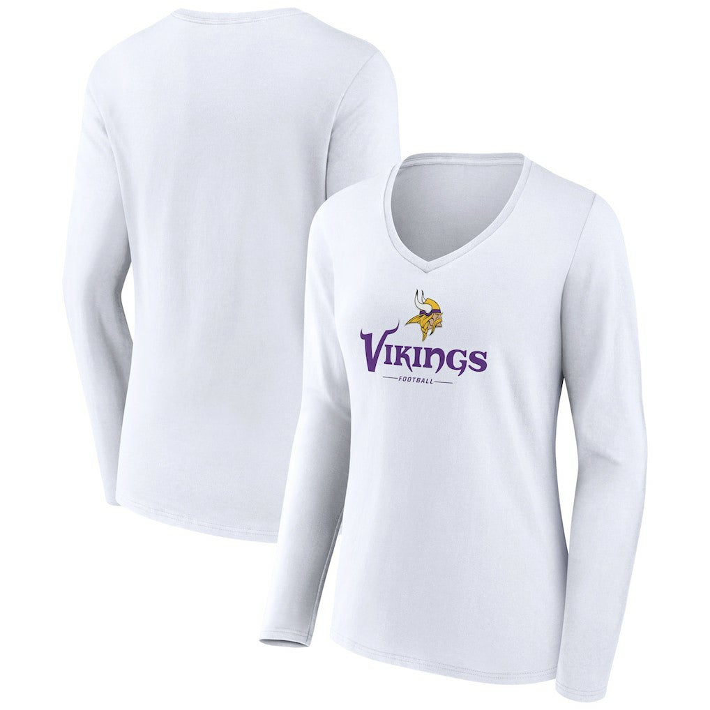 Minnesota Vikings Women's Logo Team Lockup Long Sleeve V-Neck T-Shirt - White - NFL