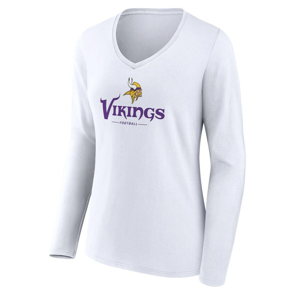 Minnesota Vikings Women's Logo Team Lockup Long Sleeve V-Neck T-Shirt - White - NFL