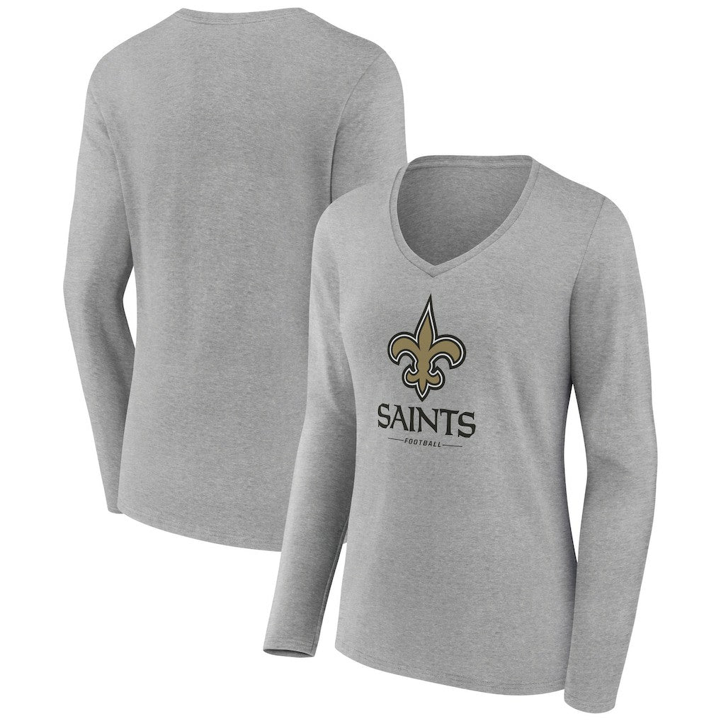 New Orleans Saints Women's Logo Team Lockup Long Sleeve V-Neck T-Shirt - Heather Gray - NFL