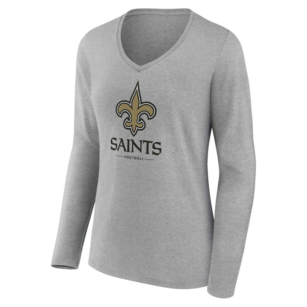 New Orleans Saints Women's Logo Team Lockup Long Sleeve V-Neck T-Shirt - Heather Gray - NFL
