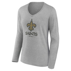 New Orleans Saints Women's Logo Team Lockup Long Sleeve V-Neck T-Shirt - Heather Gray - NFL