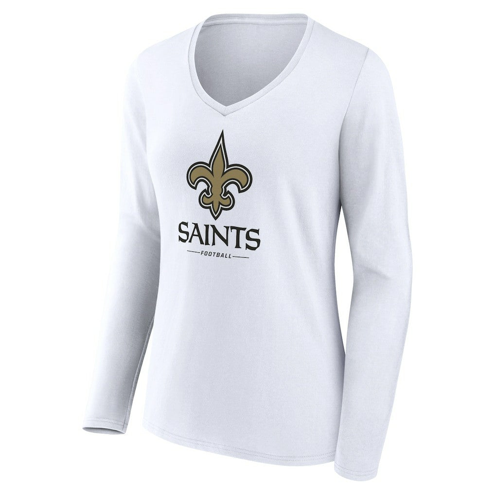 New Orleans Saints Women's Logo Team Lockup Long Sleeve V-Neck T-Shirt - White - NFL