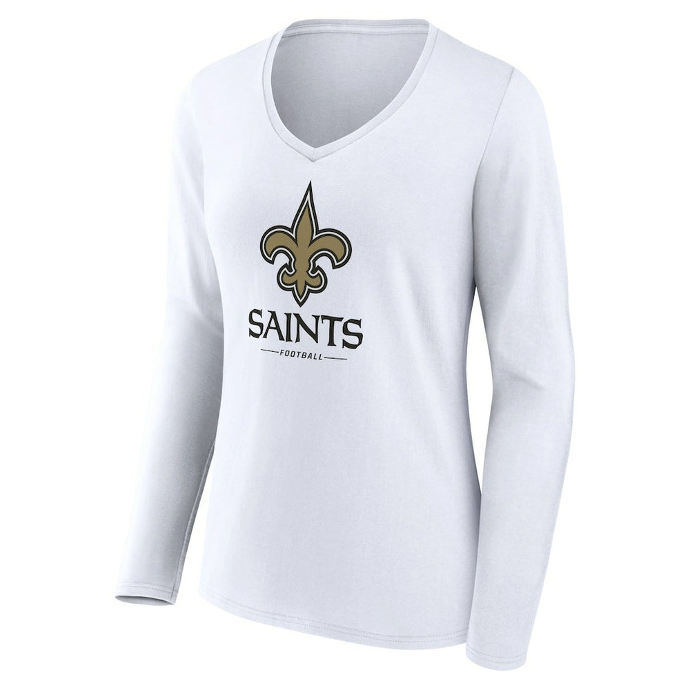 New Orleans Saints Women's Logo Team Lockup Long Sleeve V-Neck T-Shirt - White - NFL