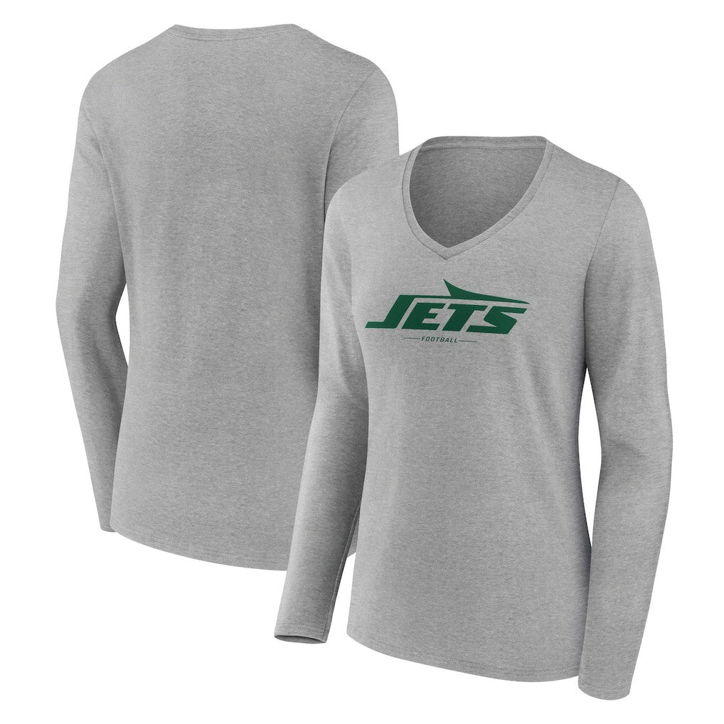 New York Jets Women's Logo Team Lockup Long Sleeve V-Neck T-Shirt - Heather Gray - NFL