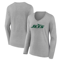 New York Jets Women's Logo Team Lockup Long Sleeve V-Neck T-Shirt - Heather Gray - NFL