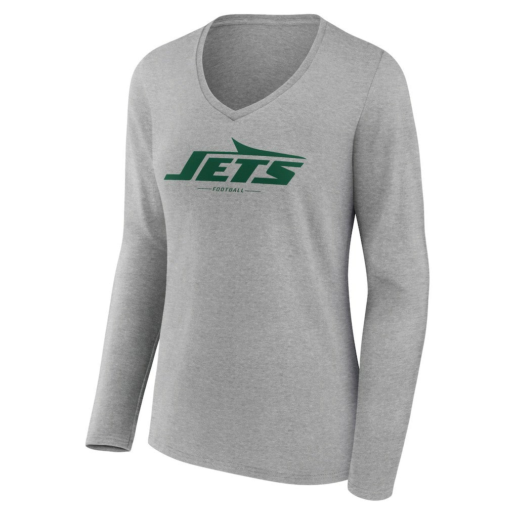 New York Jets Women's Logo Team Lockup Long Sleeve V-Neck T-Shirt - Heather Gray - NFL