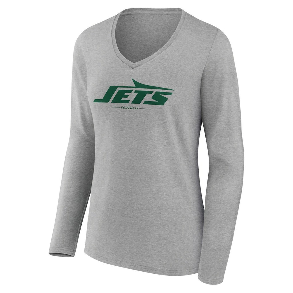 New York Jets Women's Logo Team Lockup Long Sleeve V-Neck T-Shirt - Heather Gray - NFL