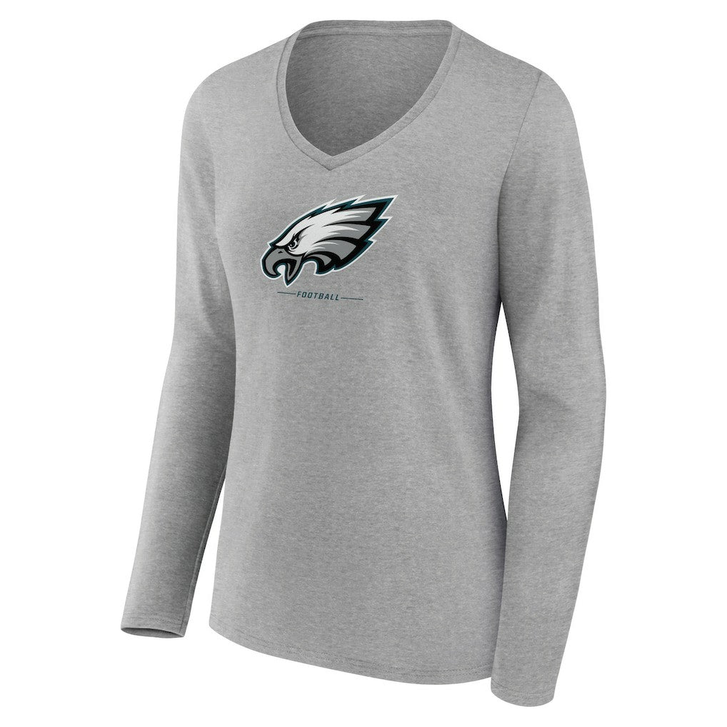 Philadelphia Eagles Women's Logo Team Lockup Long Sleeve V-Neck T-Shirt - Heather Gray - NFL