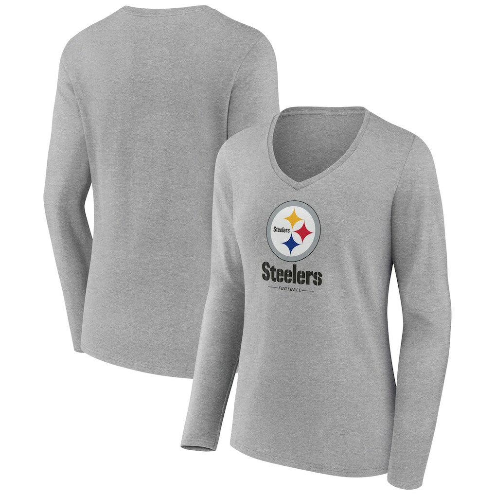 Pittsburgh Steelers Women's Logo Team Lockup Long Sleeve V-Neck T-Shirt - Heather Gray - NFL