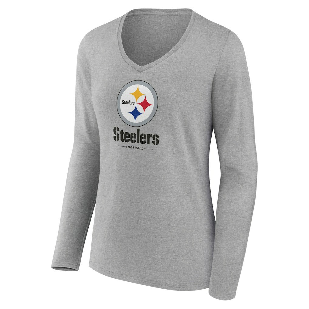 Pittsburgh Steelers Women's Logo Team Lockup Long Sleeve V-Neck T-Shirt - Heather Gray - NFL