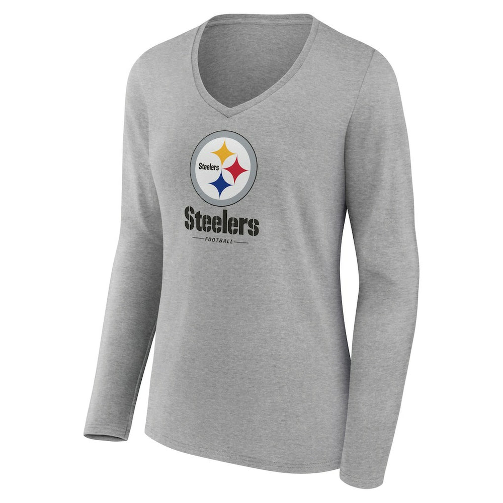 Pittsburgh Steelers Women's Logo Team Lockup Long Sleeve V-Neck T-Shirt - Heather Gray - NFL