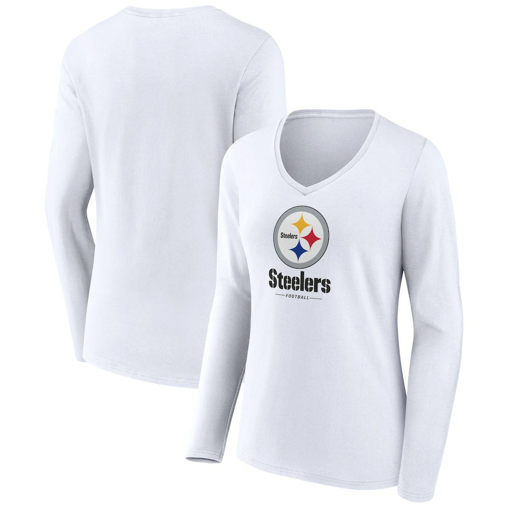 Pittsburgh Steelers Women's Logo Team Lockup Long Sleeve V-Neck T-Shirt - White - NFL