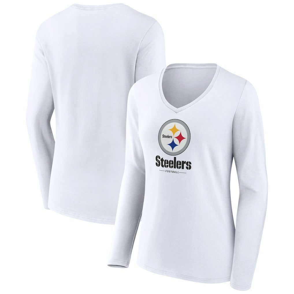 Pittsburgh Steelers Women's Logo Team Lockup Long Sleeve V-Neck T-Shirt - White - NFL