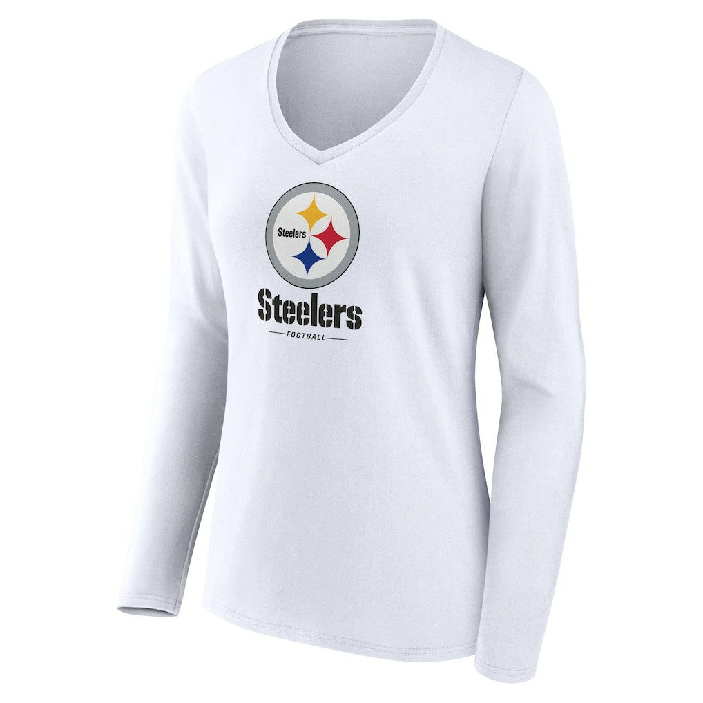 Pittsburgh Steelers Women's Logo Team Lockup Long Sleeve V-Neck T-Shirt - White - NFL