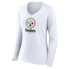 Pittsburgh Steelers Women's Logo Team Lockup Long Sleeve V-Neck T-Shirt - White - NFL