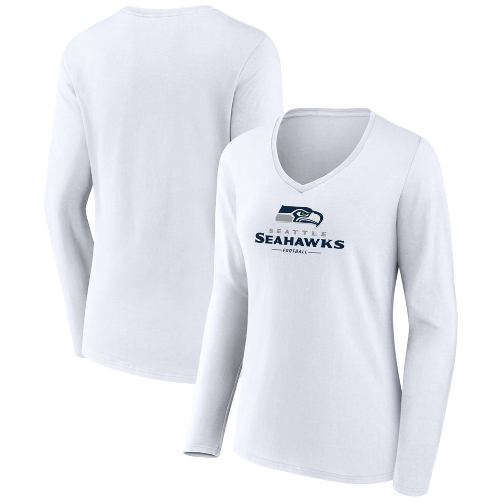 Seattle Seahawks Women's Logo Team Lockup Long Sleeve V-Neck T-Shirt - White - NFL