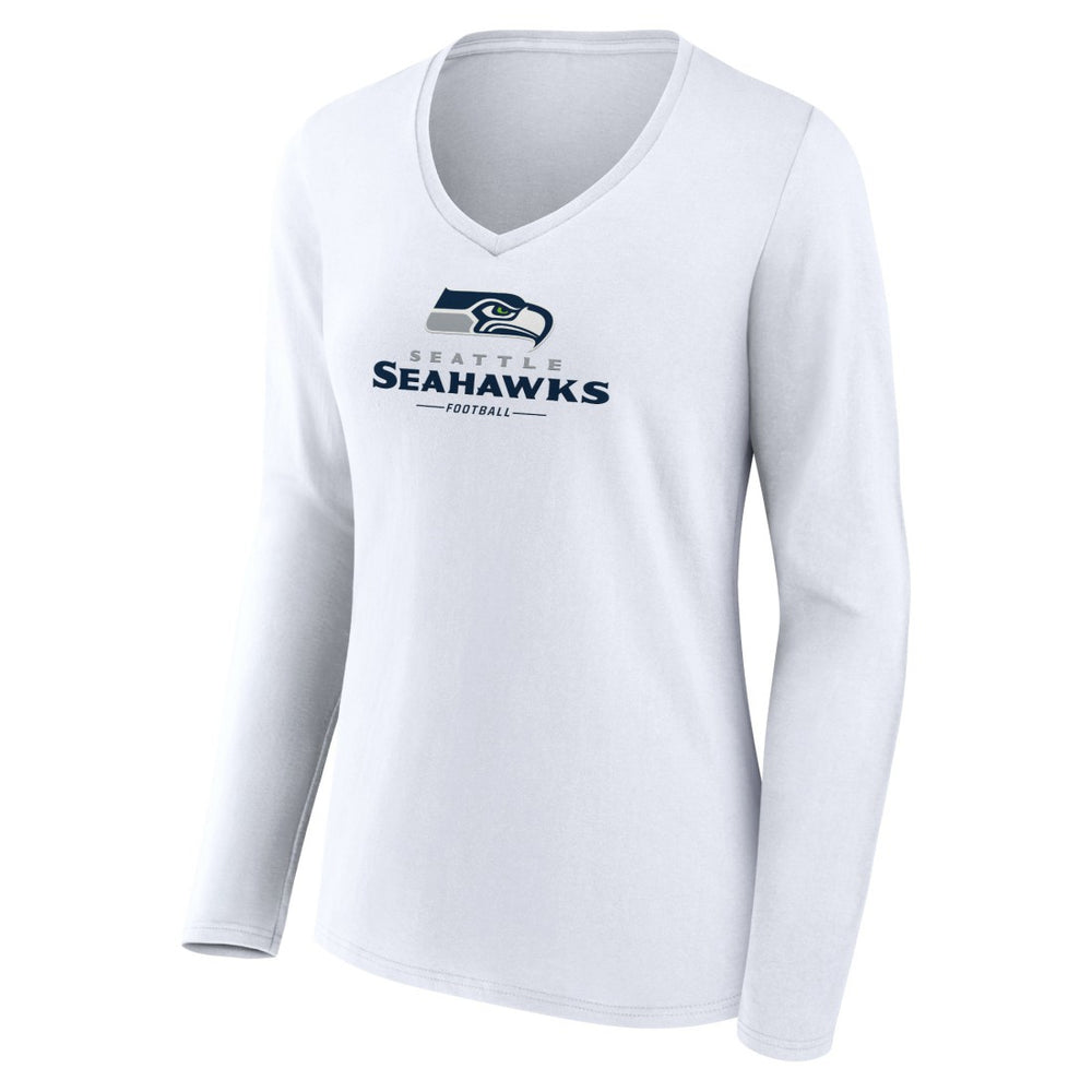 Seattle Seahawks Women's Logo Team Lockup Long Sleeve V-Neck T-Shirt - White - NFL