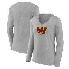 Washington Commanders Women's Logo Team Lockup Long Sleeve V-Neck T-Shirt - Heather Gray - NFL