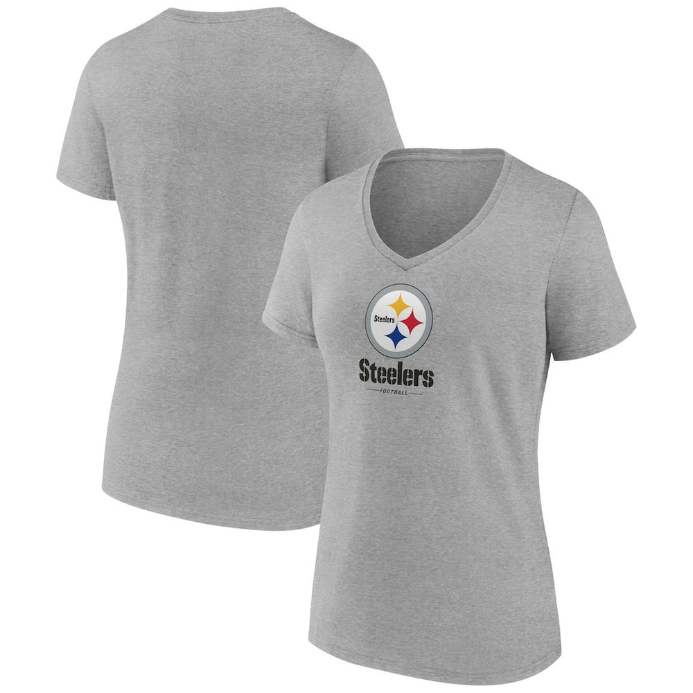 Pittsburgh Steelers Women's Logo Team Lockup V-Neck T-Shirt - Gray - NFL