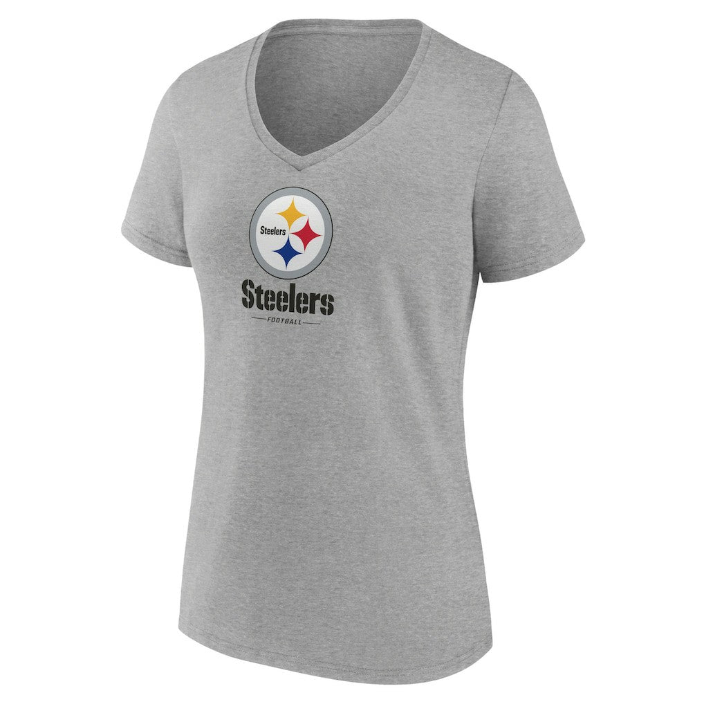 Pittsburgh Steelers Women's Logo Team Lockup V-Neck T-Shirt - Gray - NFL