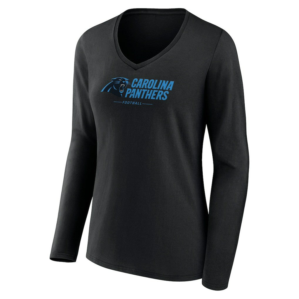 Carolina Panthers Women's Logo Team Lockup Long Sleeve V-Neck T-Shirt - Black - NFL