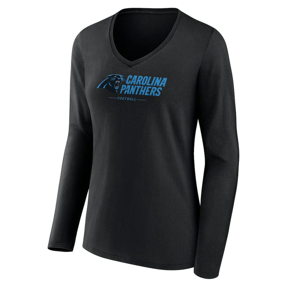 Carolina Panthers Women's Logo Team Lockup Long Sleeve V-Neck T-Shirt - Black - NFL