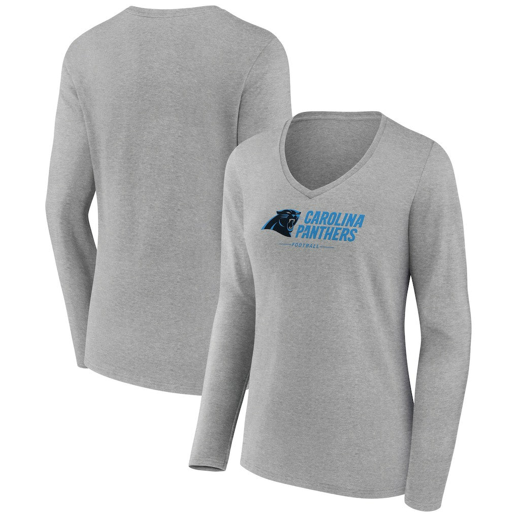 Carolina Panthers Women's Logo Team Lockup Long Sleeve V-Neck T-Shirt - Heather Gray - NFL