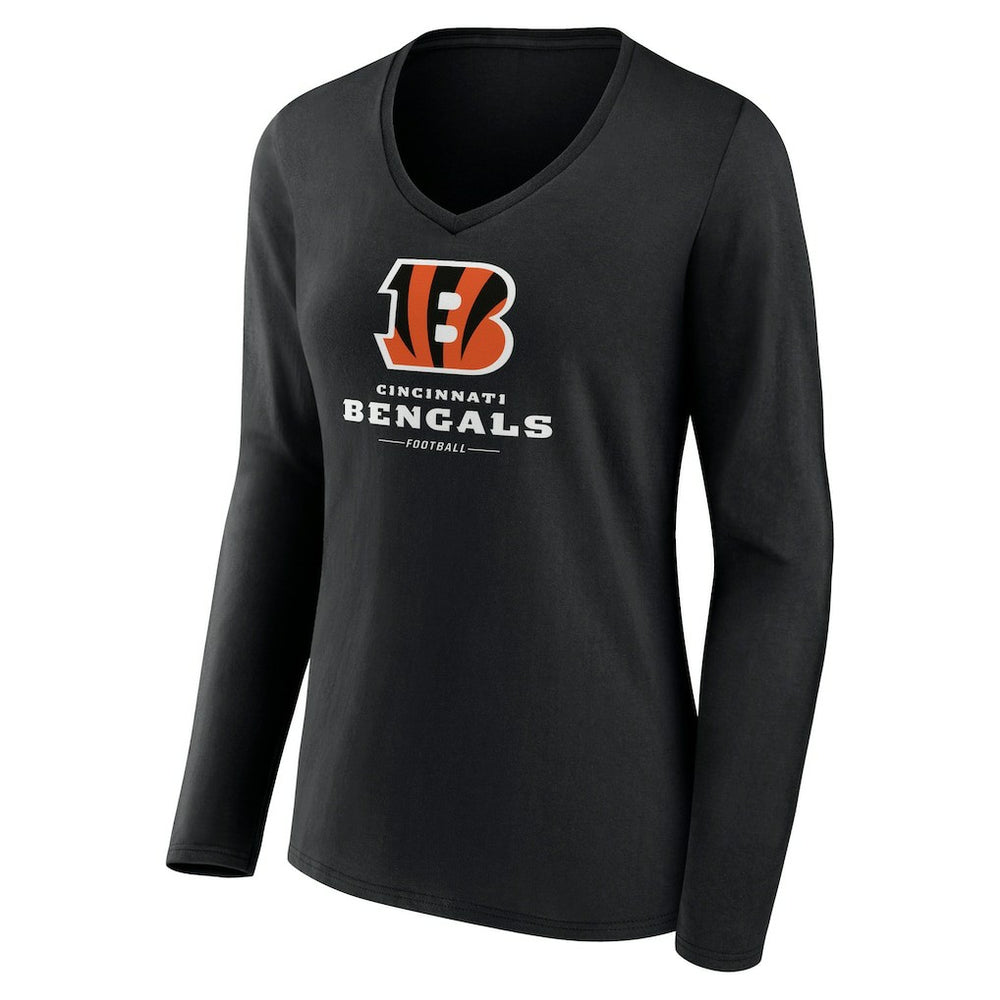 Cincinnati Bengals Women's Logo Team Lockup Long Sleeve V-Neck T-Shirt - Black - NFL