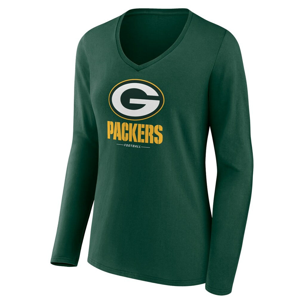 Green Bay Packers Women's Logo Team Lockup Long Sleeve V-Neck T-Shirt - Green - NFL