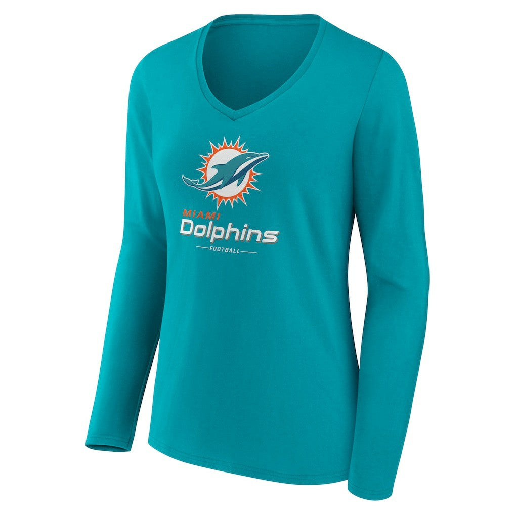 Miami Dolphins Women's Logo Team Lockup Long Sleeve V-Neck T-Shirt - Aqua - NFL